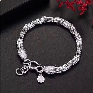 Sterling Silver Dragon Head Link Bracelet - Silver